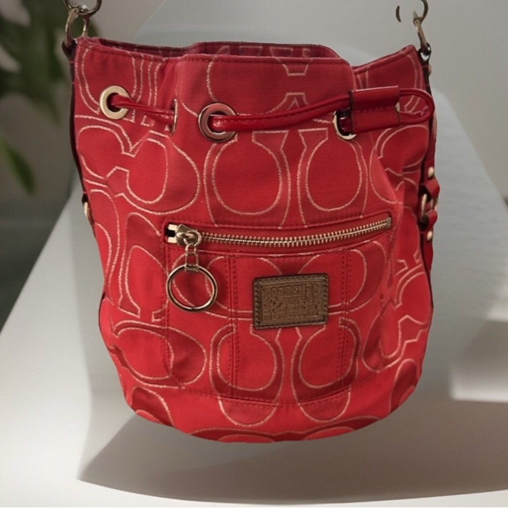 Coach Poppy Bucket Bag Canvas Red Monogram
